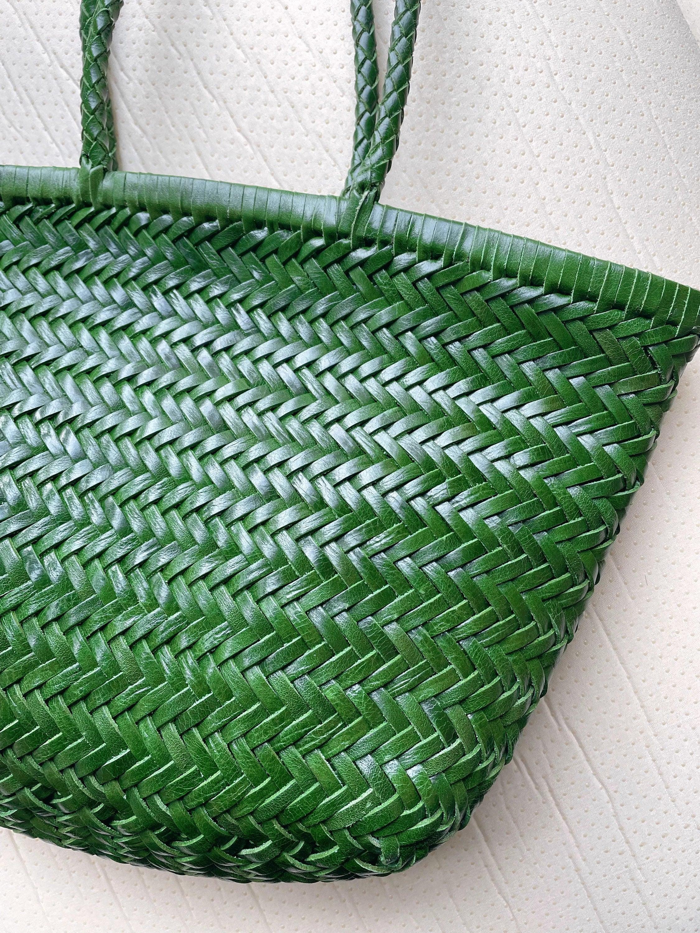 Handcrafted Grain Leather Summer Woven Bag, Woven Triple Jump Bamboo Style HandBag, Beach Bag, Basket Bag, Forest Green, Blue, White
