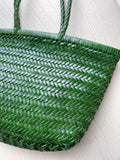Handcrafted Grain Leather Summer Woven Bag, Woven Triple Jump Bamboo Style HandBag, Beach Bag, Basket Bag, Forest Green, Blue, White