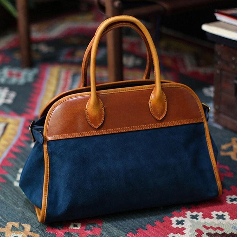 Handcrafted Italian Cowhide Leather Handbag Blue, Velvety Soft Suede Leather Domed Satchel, Leather Laptop Bag, Weekend Bag, Christmas Gift