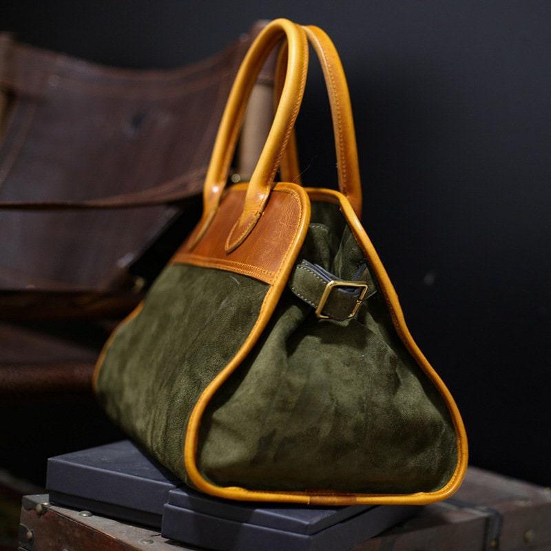 Handcrafted Italian Cowhide Leather Handbag Blue, Velvety Soft Suede Leather Domed Satchel, Leather Laptop Bag, Weekend Bag, Christmas Gift