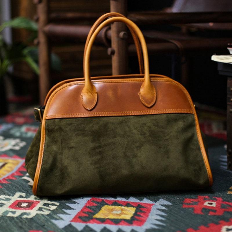 Handcrafted Italian Cowhide Leather Handbag, Velvety Soft Suede Leather Domed Satchel, Leather Laptop Bag, Weekend Bag, Christmas Gift
