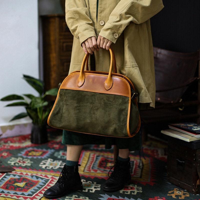 Handcrafted Italian Cowhide Leather Handbag, Velvety Soft Suede Leather Domed Satchel, Leather Laptop Bag, Weekend Bag, Christmas Gift