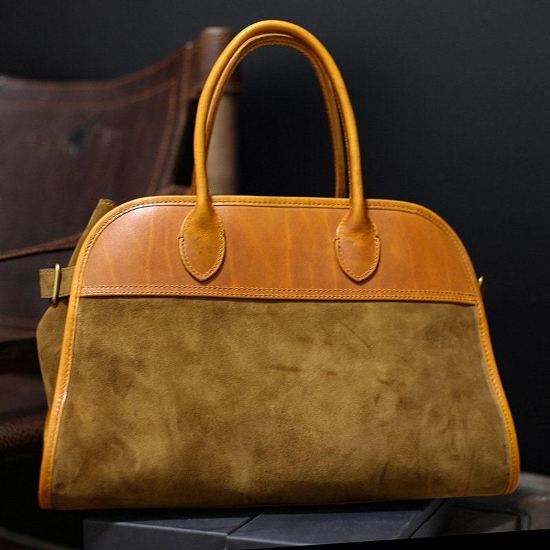 Handcrafted Italian Cowhide Leather Handbag, Velvety Soft Suede Leather Domed Satchel, Leather Laptop Bag, Weekend Bag, Christmas Gift
