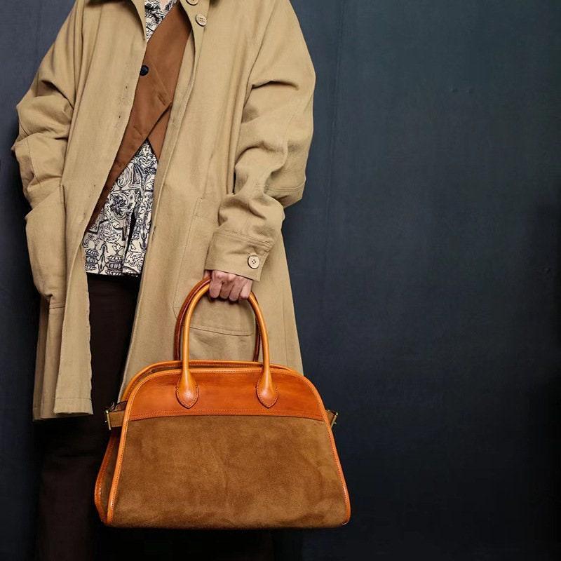 Handcrafted Italian Cowhide Leather Handbag, Velvety Soft Suede Leather Domed Satchel, Leather Laptop Bag, Weekend Bag, Christmas Gift