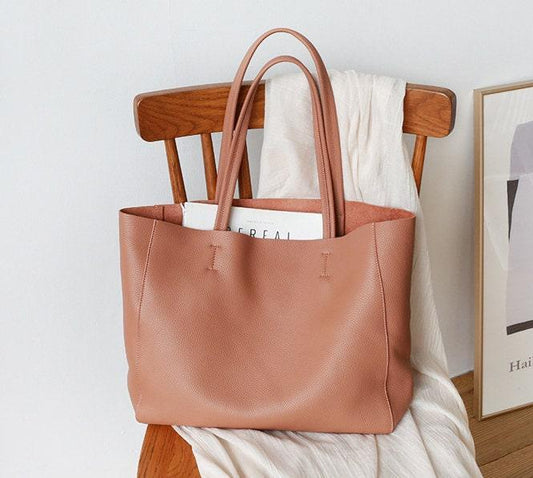 Handcrafted Leather Tote Bag, Full Grain Leather Large Tote Bag, Classic Everyday Bag, Birthday gift for her, Coral Pink