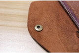 Close-up of brown handcrafted leather wallet with snap button and zipper on wood surface