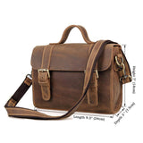 Handcrafted vintage brown leather messenger bag with adjustable shoulder strap and measurements