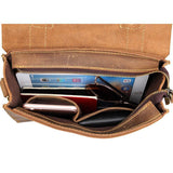 Open brown leather shoulder bag with phone, tablet, sunglasses, and wallet inside compartments