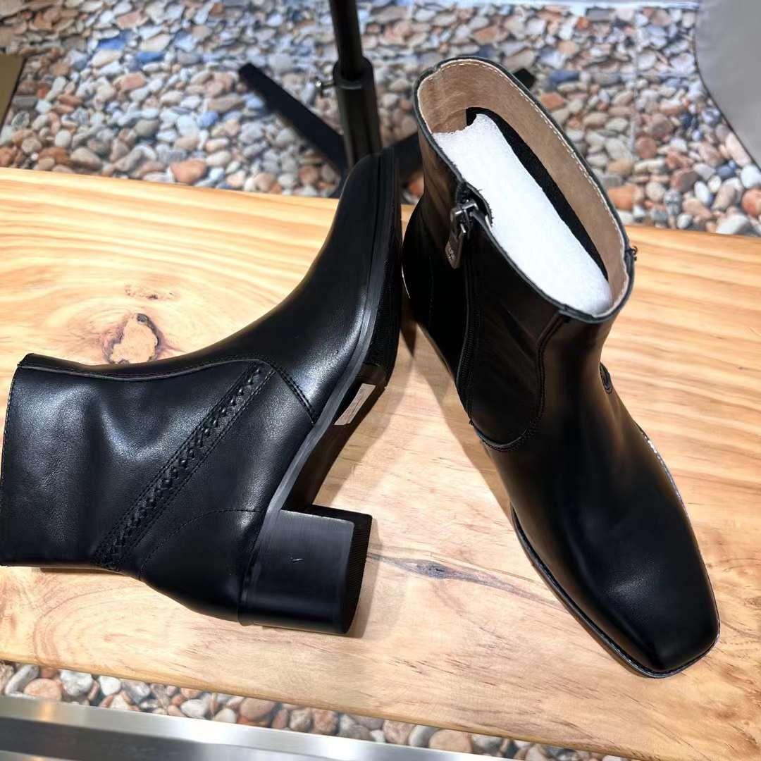 Handcrafted Women Genuine Leather Boots Ankle Square Heels Black Handmade Round Toe Big Size 8 AU/39 EU Shoes Woman