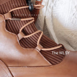 Handcrafted Women Genuine Leather Boots Ankle Square Heels Brown Punk Goth Lace Up Handmade Round Toe Big Size 5 AU/36 EU Shoes Woman