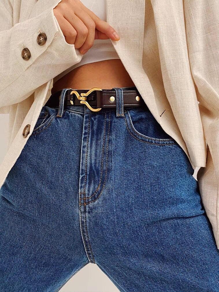 Handcrafted Women Leather Retro Black Belt, Women Chic Belt, Skinny Design Belt, Gift for Her/Him, Leather Women's Men's Designer Belt