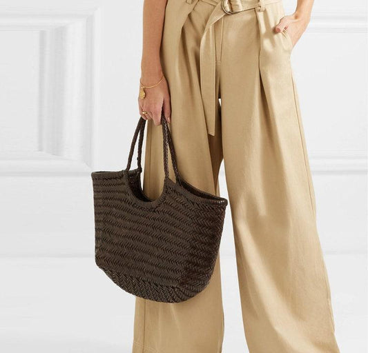 Handcrafted Woven Leather Tote Bag, Full Grain Leather Hand Woven Triple Jump Bamboo Style Ladies HOBO Bag, Summer Holiday Bag, Coffee