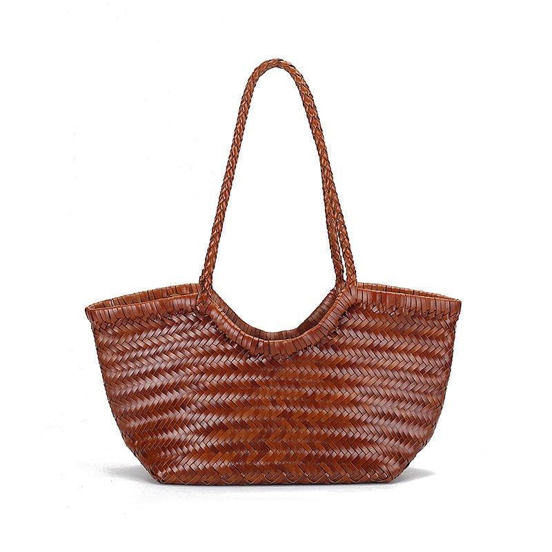 Handcrafted Woven Leather Tote Bag, Leather Hand Woven Triple Jump Bamboo Style Ladies HOBO Bag, Summer Holiday Bag, Women Woven Bag, dark brown