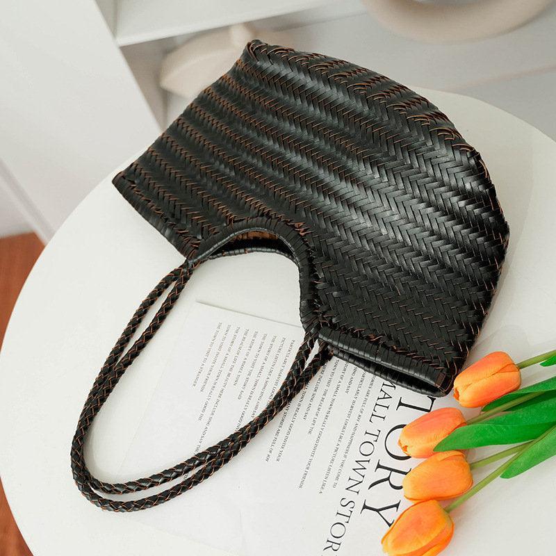 Handcrafted Woven Leather Tote Bag, Leather Hand Woven Triple Jump Bamboo Style Ladies HOBO Bag, Summer Holiday Bag, Women Woven Bag, black