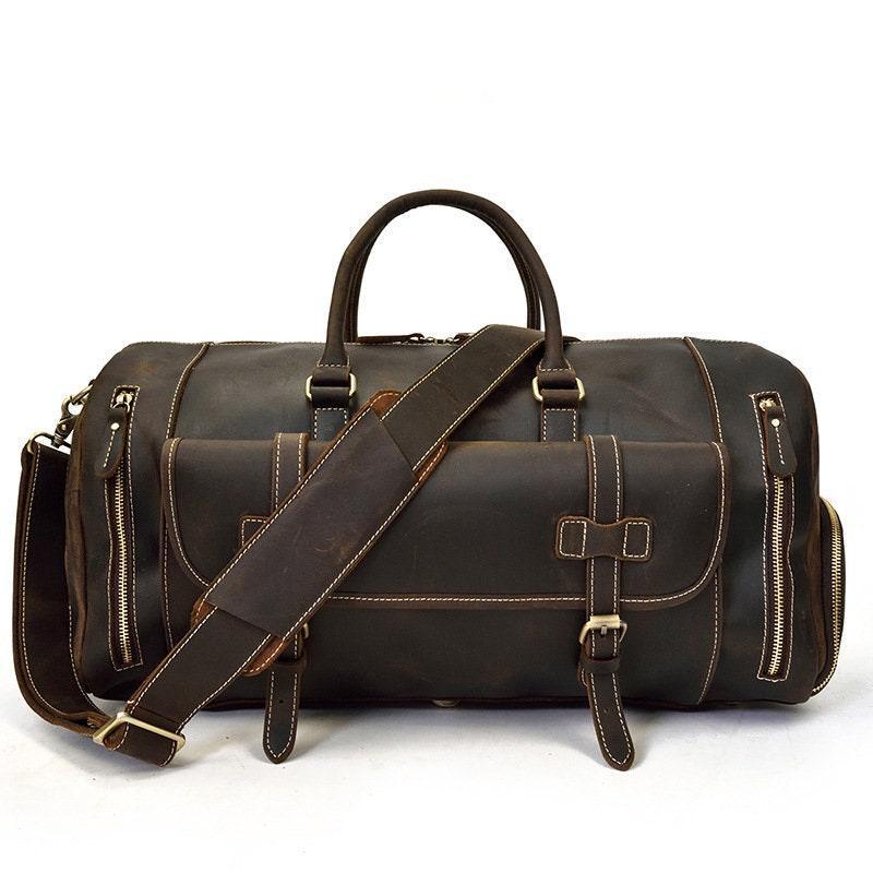 Dark brown handmade full grain leather duffle bag with shoe compartment, travel bag