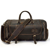Dark brown handmade full grain leather duffle bag with shoe compartment, travel bag