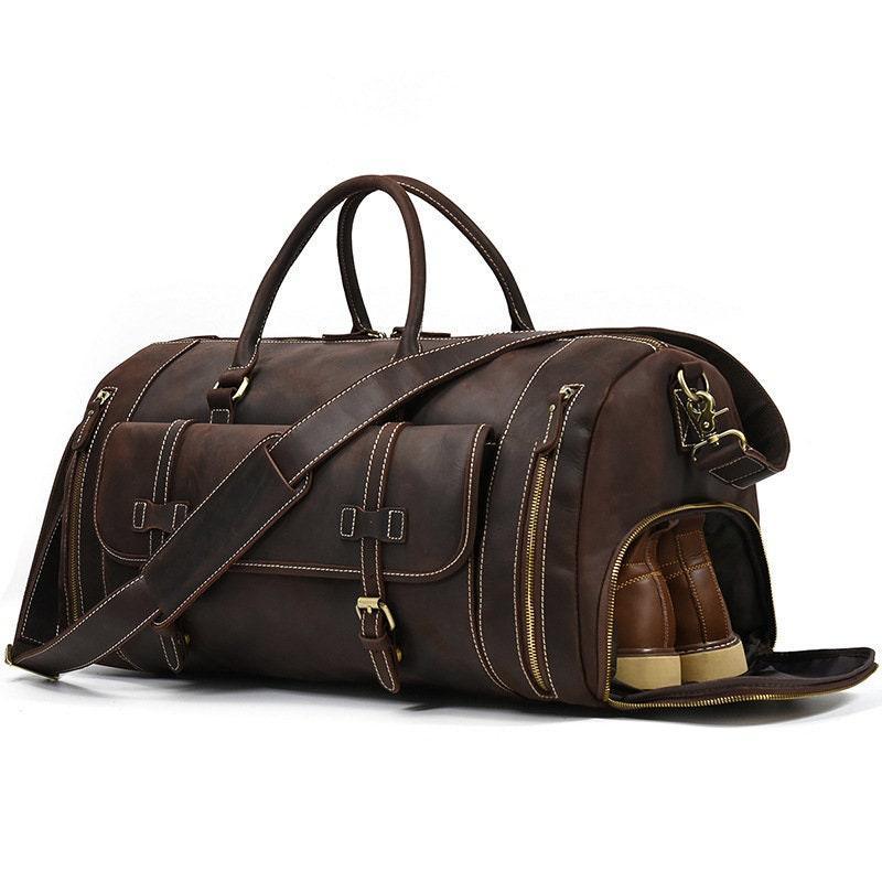 Handmade dark brown full grain leather duffle bag with shoe compartment and gold zippers