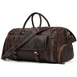 Dark brown full grain leather duffle bag with shoe compartment and multiple pockets