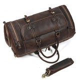 Handmade full grain dark brown leather duffle bag with shoe compartment and detachable strap