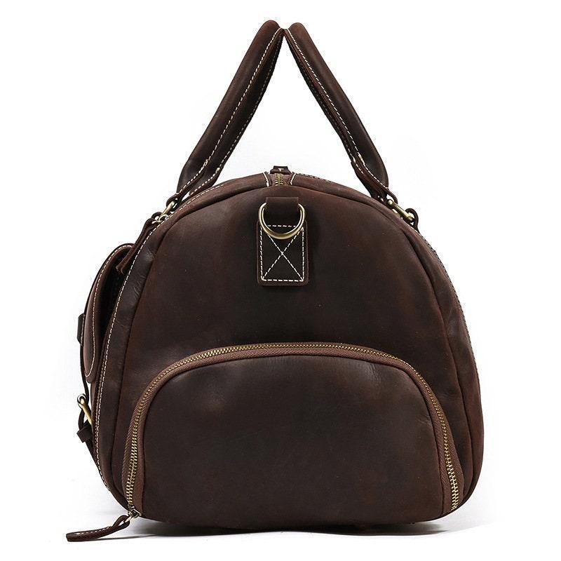 Dark brown full grain leather duffle bag with front zip pocket and dual handles