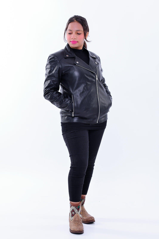 Handmade Women genuine leather biker jacket slim fit black | Made in Morocco