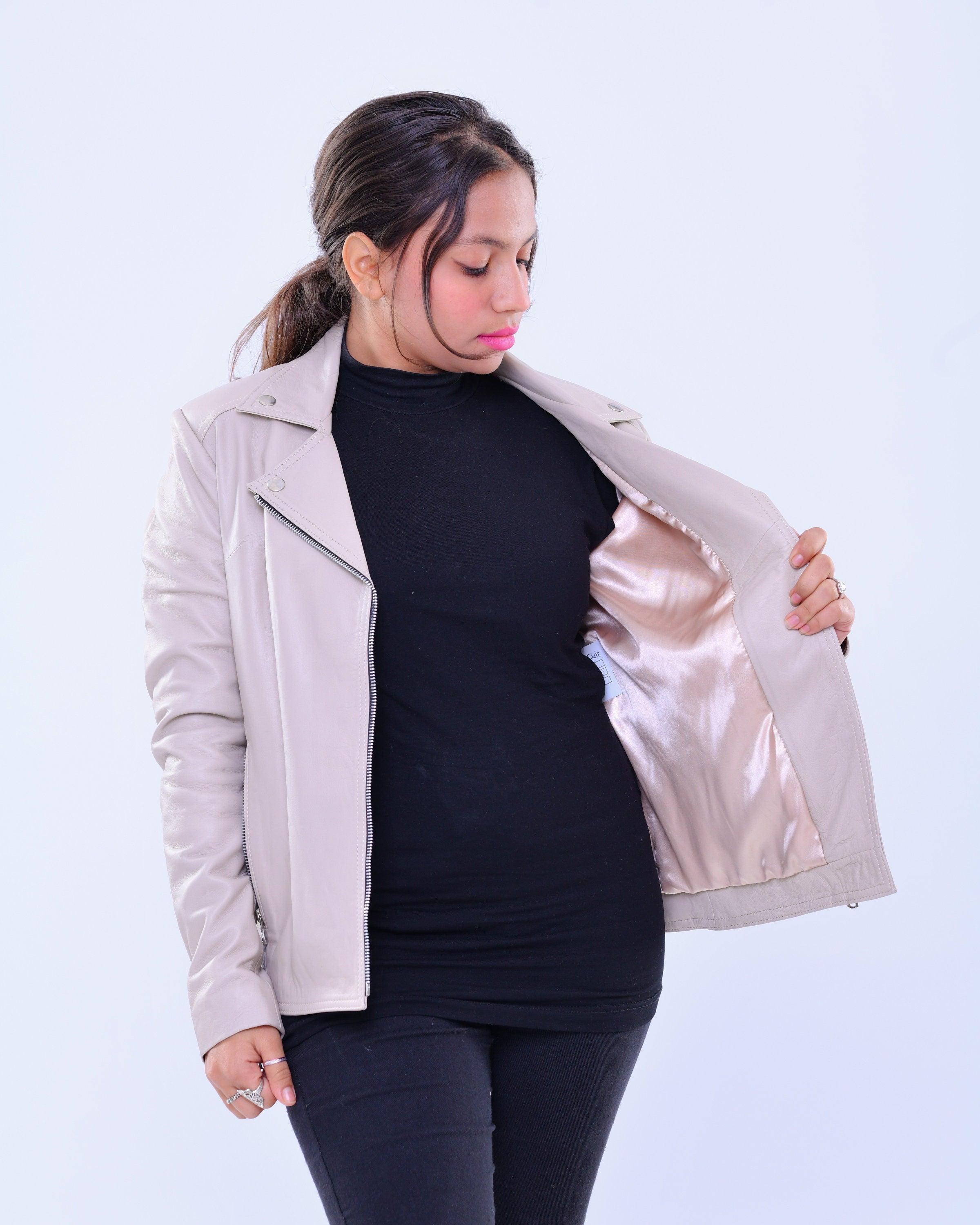 Handmade Women genuine leather biker jacket slim fit grey | Made in Morocco