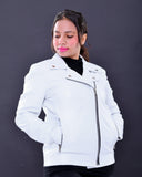 Woman wearing slim fit white genuine leather biker jacket with silver zippers