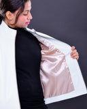 Woman modeling slim fit white genuine leather biker jacket with satin lining
