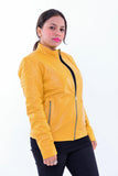 Woman wearing slim fit yellow genuine leather biker jacket with front zipper pockets