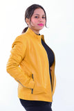Woman wearing slim fit yellow genuine leather biker jacket with front zipper pockets