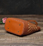Handwoven Interwoven Cowhide Leather Tote Bag, Small Handle Bucket Bag, Woven Purse Women Classic Bag, Designer Basket Bag, Summer Beach Bag