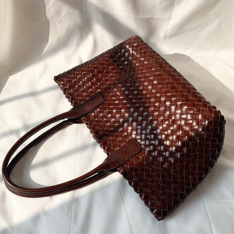 HandwovenCowhide Leather Tote bag, Ladies' Handbag, Woven Triple Jump Bamboo Hobo Holiday Bag, Beach Basket Shoulder Bag, Designer Woven Bag