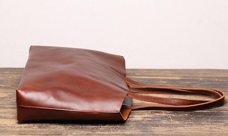 Minimalist Full Grain Leather Tote Bag Casual Leather Bag Women Large Shopper Bag Leather Diaper Bag Slouchy Tote Top Handle Shoulder Bag