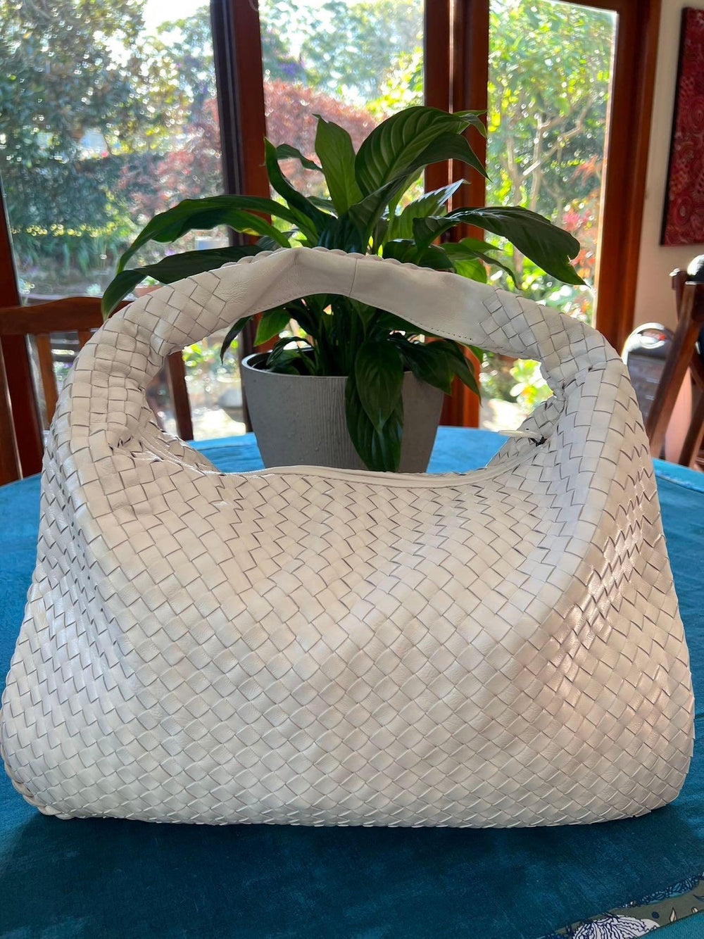 White Lambskin Hobo Bag, Italian Leather Handbag, Large Handwoven Laptop Bag, Woven Dumpling Bag, Leather Tote Bag, Black, Blue Working Bag