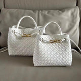 Cowhide Leather Knotted Intrecciato Shoulder Bag, Woven Handbag With Metal Buckle, Daily Fashion Designer Bag, Woven Shoulder Purse, white