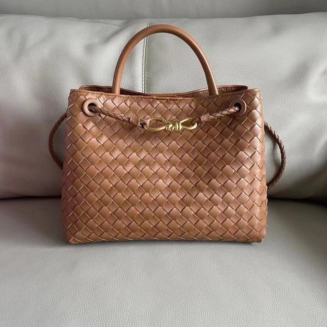 Cowhide Leather Knotted Intrecciato Shoulder Bag, Woven Handbag With Metal Buckle, Daily Fashion Designer Bag, Woven Shoulder Purse, brown