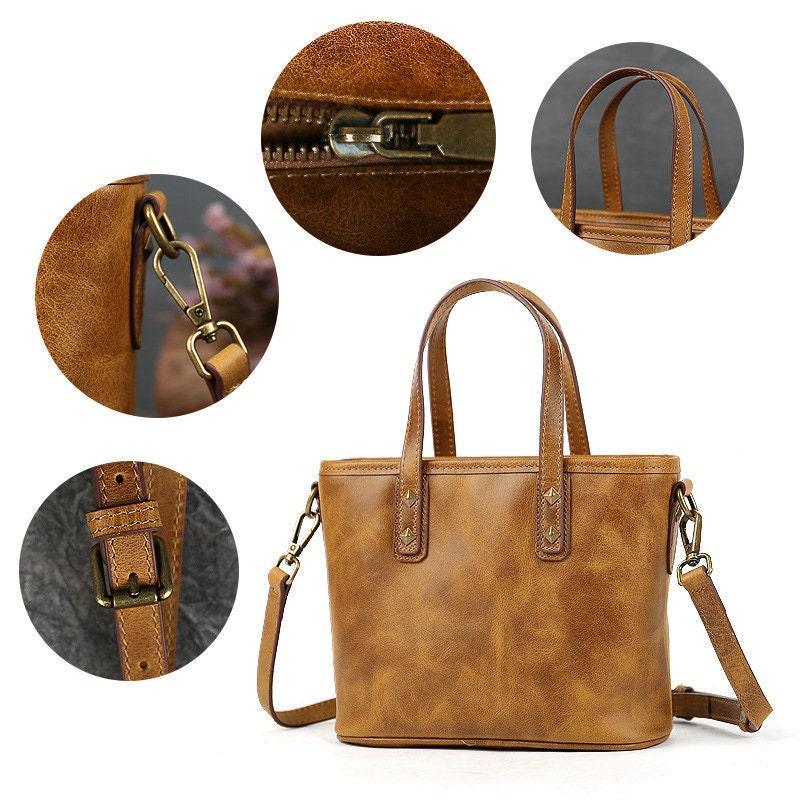 Italian Black & Brown Leather Crossbody Shoulder Mini Small Bag | Women Ladies Minimalist Bucket Bag | Full Grain Leather Handbag