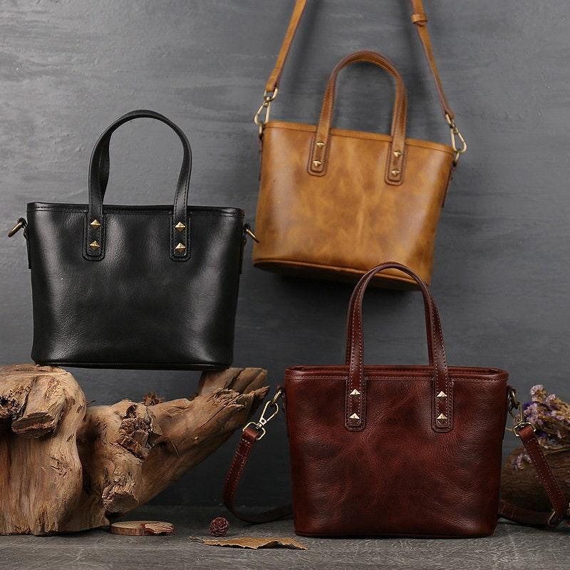 Italian Black & Brown Leather Crossbody Shoulder Mini Small Bag | Women Ladies Minimalist Bucket Bag | Full Grain Leather Handbag