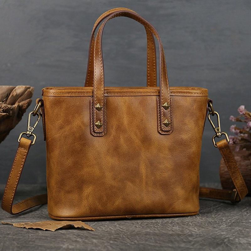 Italian Black & Brown Leather Crossbody Shoulder Mini Small Bag | Women Ladies Minimalist Bucket Bag | Full Grain Leather Handbag