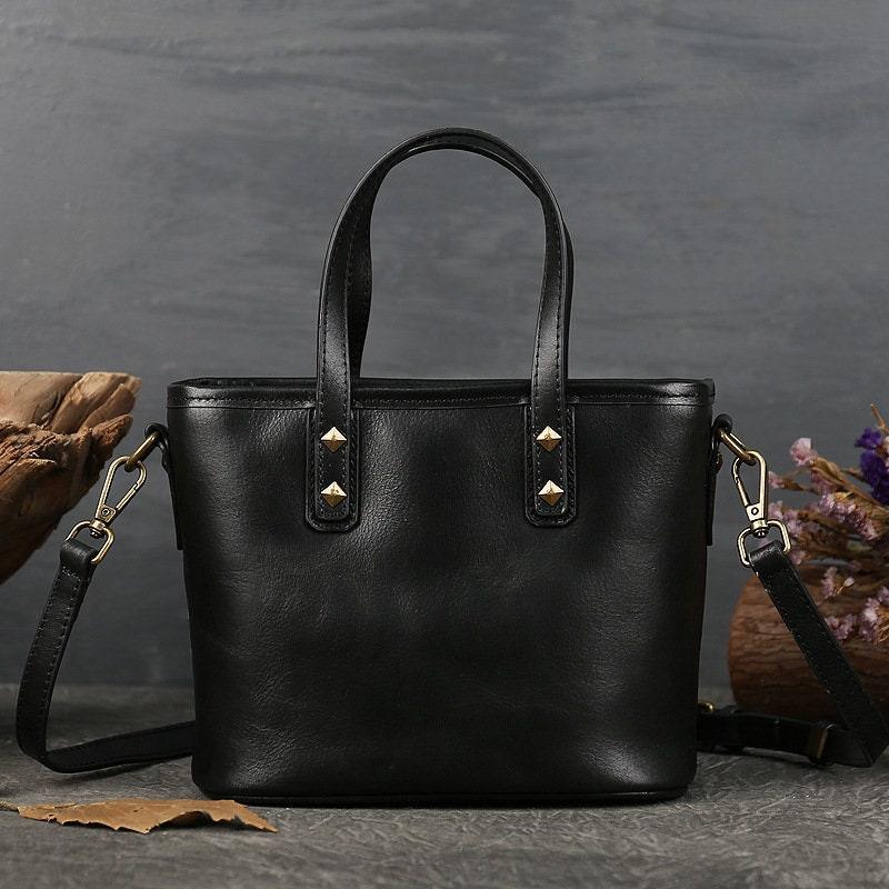 Italian Black & Brown Leather Crossbody Shoulder Mini Small Bag | Women Ladies Minimalist Bucket Bag | Full Grain Leather Handbag