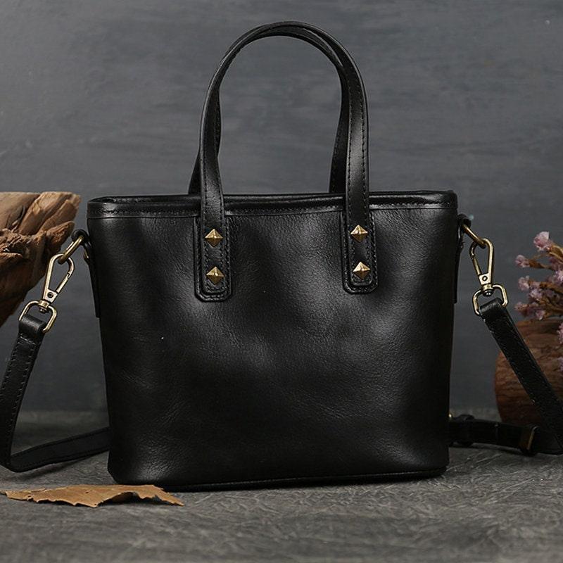 Italian Black & Brown Leather Crossbody Shoulder Mini Small Bag | Women Ladies Minimalist Bucket Bag | Full Grain Leather Handbag