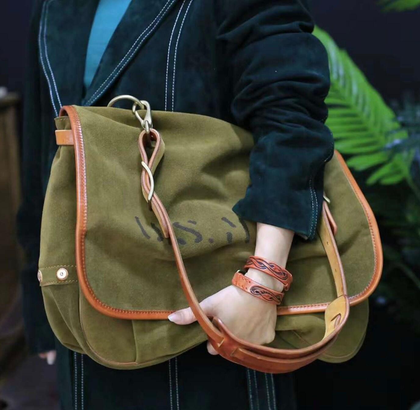 Italian Cowhide Leather Suede Large Everyday Bag, Leather 16-inch Laptop Bag, Leather Tote Bag, Weekend Bag, Men's Shoulder Bag, Mummy Bag, Olive Green