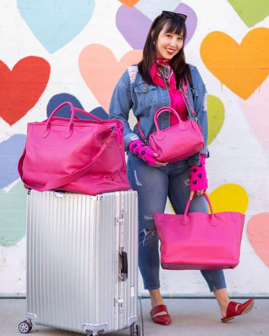 Italian Grain Leather Travel Bag, Extra Large Leather Tote Bag, Cowhide Leather Crossbody, Women Fashion Weekend Bag, 32 Colours! Pink