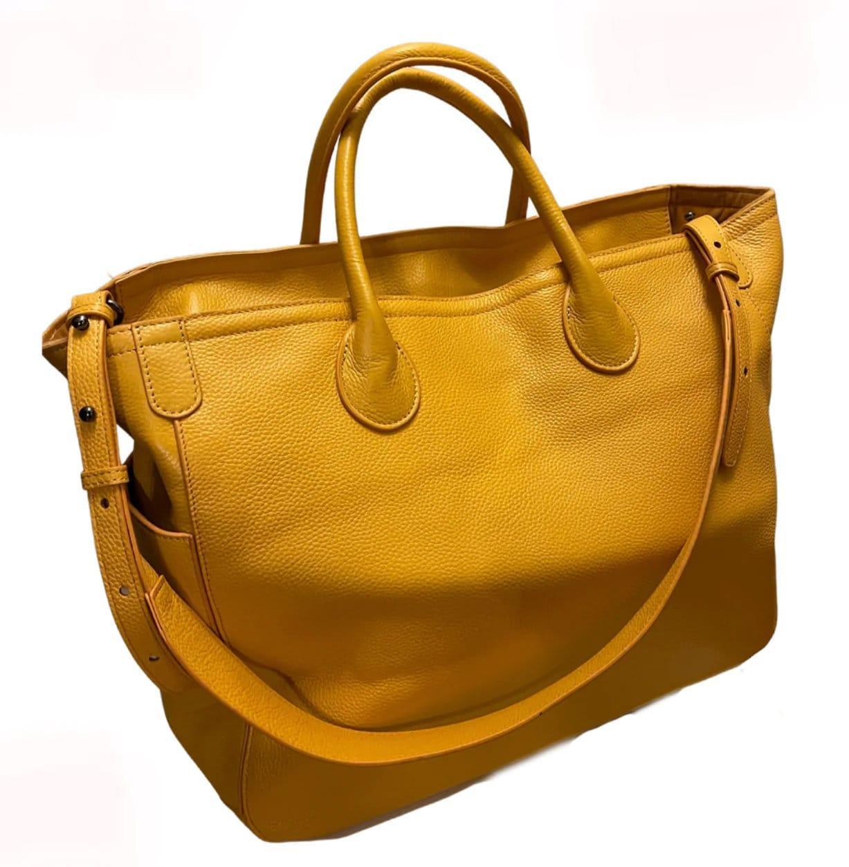 Italian Grain Leather Travel Bag, Extra Large Leather Tote Bag, Cowhide Leather Crossbody, Women Fashion Weekend Bag, Christmas Gift, yellow
