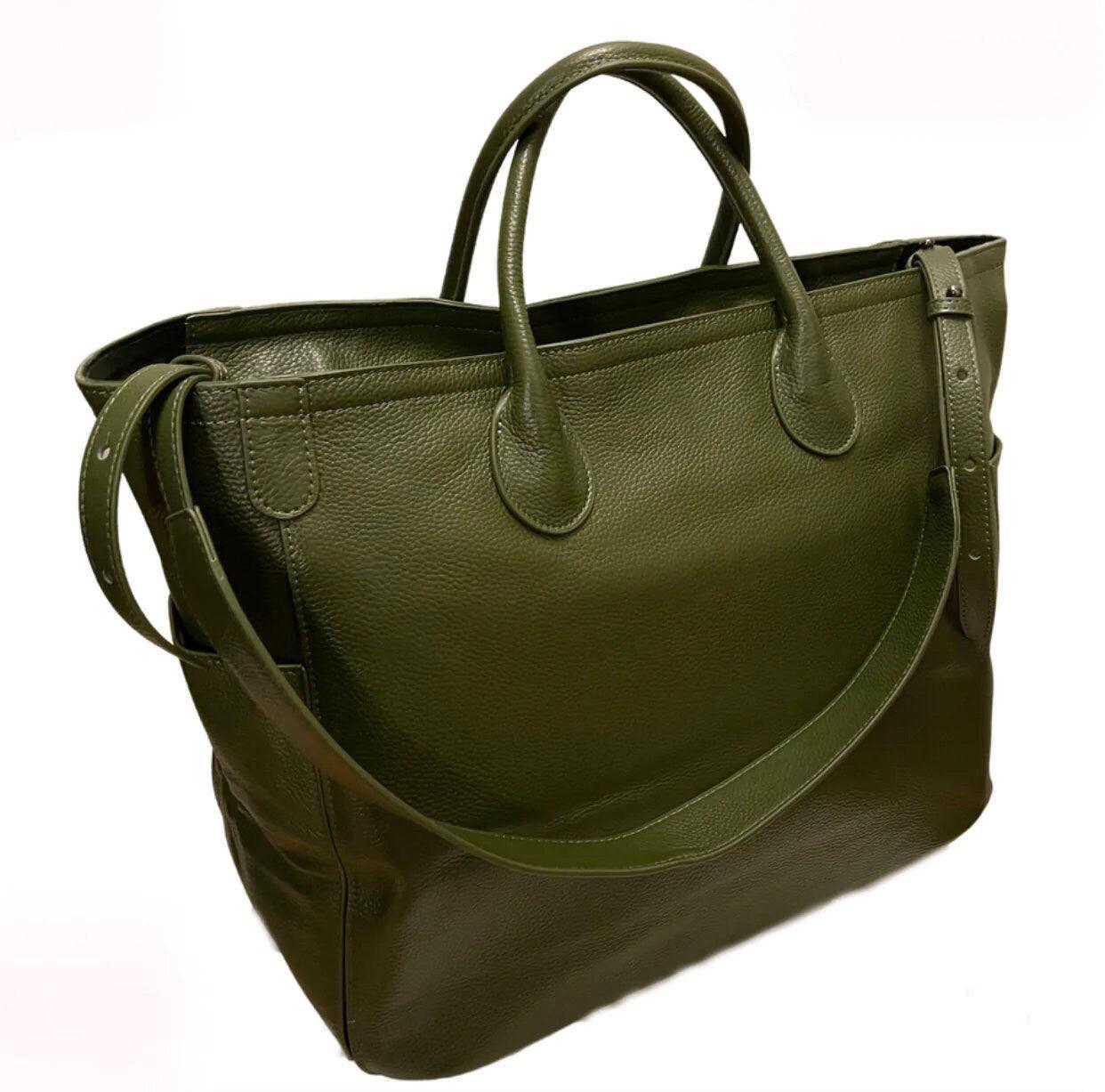 Italian Grain Leather Travel Bag, Extra Large Leather Tote Bag, Cowhide Leather Crossbody, Women Fashion Weekend Bag, Christmas Gift, green