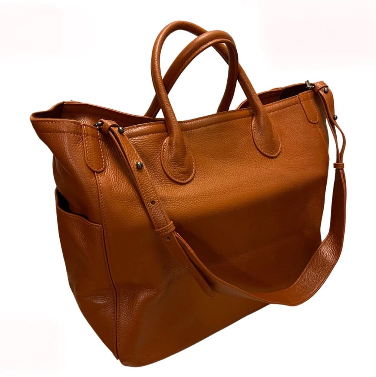 Italian Grain Leather Travel Bag, Extra Large Leather Tote Bag, Cowhide Leather Crossbody, Women Fashion Weekend Bag, Christmas Gift, Brown