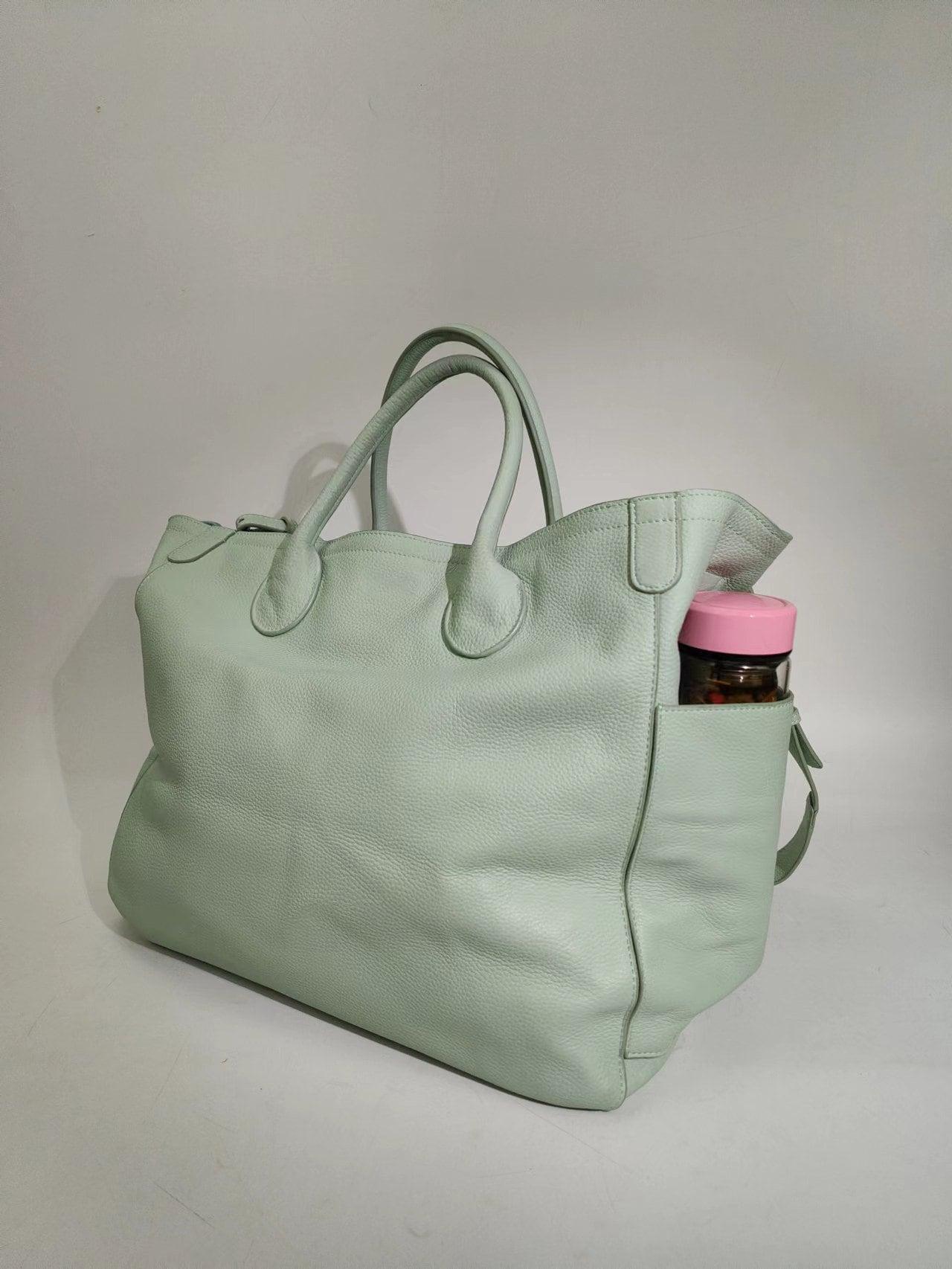 Italian Grain Leather Travel Bag, Extra Large Leather Tote Bag, Cowhide Leather Crossbody, Women Fashion Weekend Bag, 32 Colours! Bone