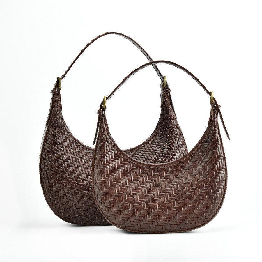 Italian Grain Leather Woven Hobo Shoulder Bag, Cowhide Leather Summer Beach Bag, Triple Jump Bamboo Shoulder Bag, Handcrafted Basket Bag, Coffee