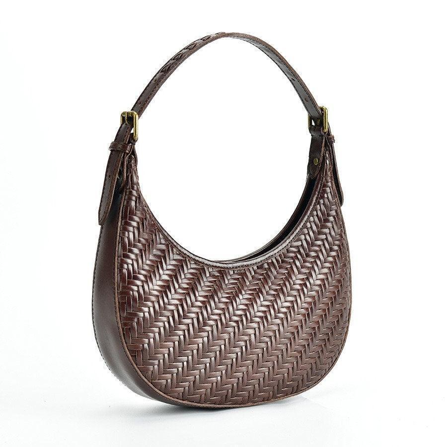 Italian Grain Leather Woven Hobo Shoulder Bag, Cowhide Leather Summer Beach Bag, Triple Jump Bamboo Shoulder Bag, Handcrafted Basket Bag
