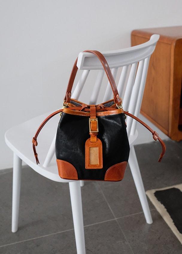 Italian Luxury Cowhide Leather Drawstring Bucket Bag, Handcrafted High-End Colliding Colours Genuine Leather Shoulder Bag Women, Black